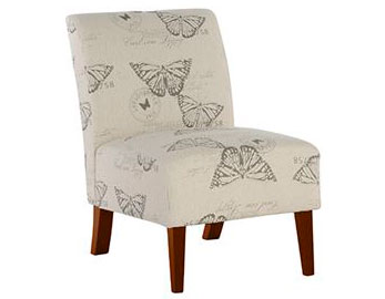 Light beige canva chair with butterfly accents and dark brown stained legs.
