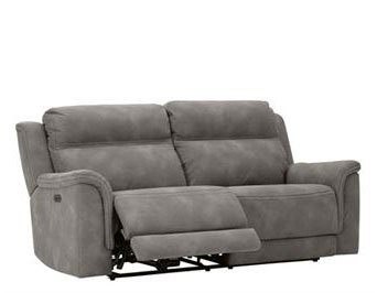Medium grey love seat with one side partially reclined