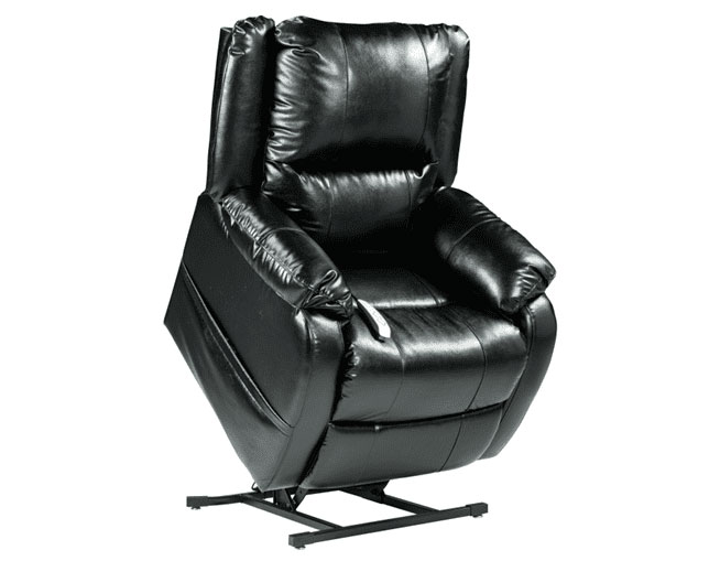 Black leather lift chair and recliner combo, show in fully lifted positions